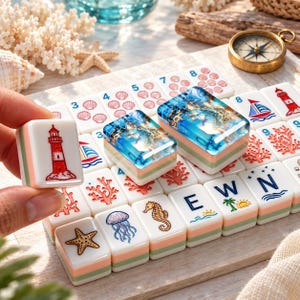Könnte beinhalten: Ein Set rechteckiger Mahjong-Spielsteine mit nautischen Motiven wie Leuchttürmen, Segelbooten, Korallen, Seesternen, Quallen und Seepferdchen. Zwei der Spielsteine haben eine Oberseite aus blau-goldener, marmorierter Kunstharzschicht.