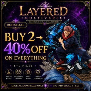 Op de afbeelding: Een digitaal 3D-modelbestand van een personage met stekelig roze haar, gekleed in een donkerblauw outfit en rode schoenen, omringd door blauwe energie-effecten. Tekst: LAYERED MULTIVERSE, BESTSELLER, BUY 2 40% OFF ON EVERYTHING, STL FILES, DIGITAL DOWNLOAD ONLY.
