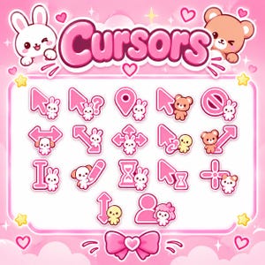 Puede incluir: Un conjunto digital de cursores de ratón de ordenador en color rosa con varios iconos como flechas, un pin de ubicación, un lápiz y un reloj de arena. Cada cursor está decorado con pequeños animales de dibujos animados, conejos y osos.