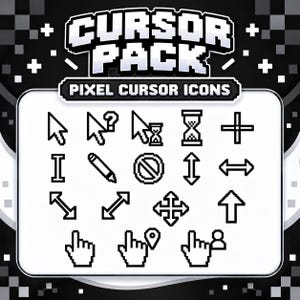 May include: A collection of black and white pixel art cursor icons arranged in a grid. The set includes various pointers, a pencil, a forbidden symbol, an hourglass, arrows, and hand icons. The text CURSOR PACK PIXEL CURSOR ICONS is at the top.