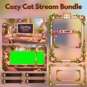 居心地の良い猫のTwitchオーバーレイパック、かわいいストリーマーグラフィックバンドル、猫のゲームオーバーレイ、ストリーム画面、ウェブカメラフレーム、チャットボックス、Twitchアセット