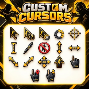 May include: A collection of digital cursor icons featuring a black and yellow color scheme with military-themed graphics. The set includes various arrow pointers, a loading circle, a crosshair, a text selector, a pen, and gloved hand icons.