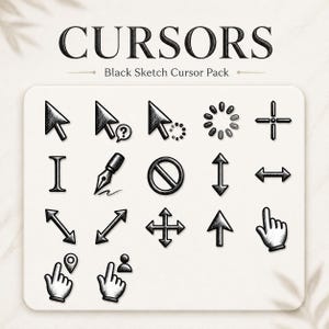 May include: A collection of black sketch-style computer cursors and icons arranged in a grid. The set includes various arrow pointers, a loading circle, a crosshair, a text selector, a fountain pen, a forbidden symbol, and hand-shaped pointers.