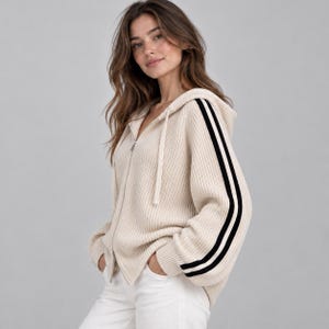 Women Ribbed Knit Striped Hoodie, Oversized Warm Sweater Cardigan ...