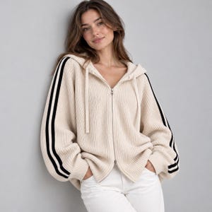 Women Ribbed Knit Striped Hoodie, Oversized Warm Sweater Cardigan ...