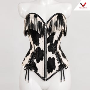 Black and White Cowhide Corset, Fringe Bustier Top, Lace Up Waist Corset, Western Gothic Festival Outfit, Statement Corset for Women