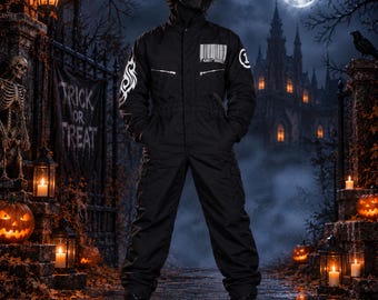 Slipknot-Overall von 1999, schwarz. Strapazierfähiger Overall mit Barcode-Motiv.