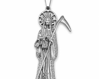 Santa Muerte Necklace, Saint Death Scythe Pendant, Stainless Steel Gothic Jewelry, Dark Religious Gift for Men