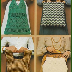 Op de afbeelding: Een collectie van vier handtassen: een groene gehaakte tas met een opengewerkt patroon, een tas met chevronstrepen en houten handvatten, een zwart-beige pied-de-poule tas met een rechthoekig handvat en een crèmekleurige tas met een rond schildpadhandvat.