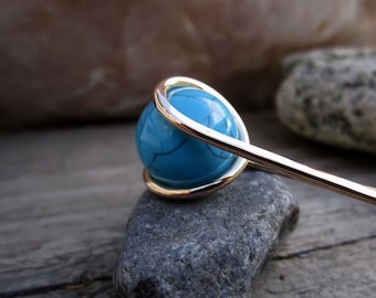 Turquoise Hair Fork in Bronze with Natural Stone Sphere - Your choice of Length - Hair Pin - Haar Gabel - Long Hair Accessory
