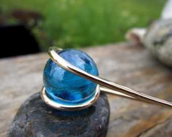 Mineral Blue Glass and Bronze Hair Fork - Your choice of Length - Hair Pin - Long Hair Accessory - Metal Hair Fork