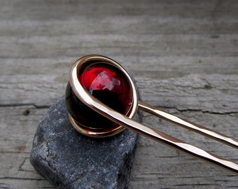 Deep Red Hair Fork in Bronze with Glass Sphere- Your choice of Length - Hair Pin - Haar Gabel - Long Hair Accessory