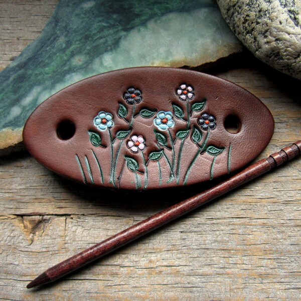 Painted Floral Hand Tooled Brown Leather Barrette with Wooden Stick - Leather Hair Barrette