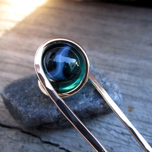 Milky Teal Hair Fork in Bronze with Glass Sphere- Your choice of Length - Hair Pin - Haar Gabel - Long Hair Accessory