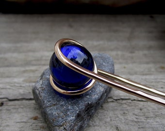 Bronze Hair Fork with Cobalt Blue Glass Sphere- Your choice of Length - Hair Pin Clip - Long Hair Accessory