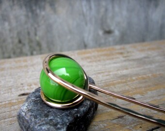 Spring Green Hair Fork in Bronze with Glass Sphere- Your choice of Length - Hair Pin - Long Hair Accessory