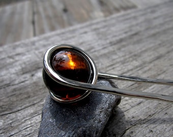 Deep Amber Sphere Nickel Silver Hair Fork - Hair Pin - Haar Gabel - Long Hair Accessory - Metal Hair Fork