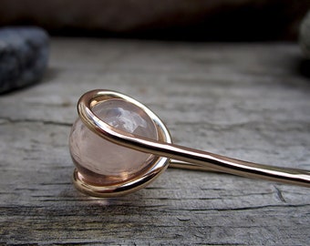 Mini Pink Hair Fork in Bronze with Glass Sphere - Fine Hair - Half up - Your choice of Length - Long Hair Accessory