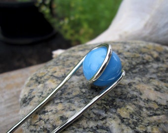 Sky Blue Glass and Nickel Silver Hair Fork - Hair Pin - Haar Gabel - Long Hair Accessory - Metal Hair Fork