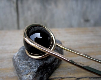 Raven Black Hair Fork in Bronze with Glass Sphere- Your choice of Length - Hair Pin - Haar Gabel - Long Hair Accessory