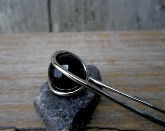 Raven Black Glass Sphere Nickel Silver Hair Fork - Hair Pin - Haar Gabel - Long Hair Accessory - Metal Hair Fork