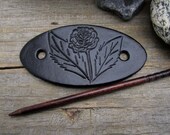 Black Rose Hand Tooled Leather Barrette with Wooden Stick - Leather Hair Barrette