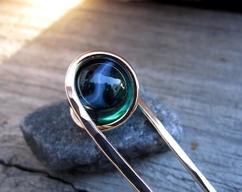 Milky Teal Hair Fork in Bronze with Glass Sphere- Your choice of Length - Hair Pin - Haar Gabel - Long Hair Accessory