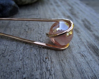 Peach AB Glass Sphere Bronze Hair Fork - Your choice of Length - Hair Pin - Haar Gabel - Long Hair Accessory - Metal Hair Fork