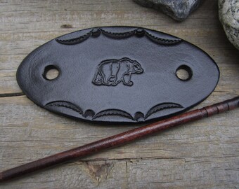 Black Leather Bear Barrette with Wooden Stick - Hand Tooled Leather Hair Clip Slide