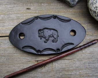 Black Leather Bison Barrette with Wooden Stick - Hand Tooled Leather Buffalo Hair Slide