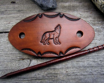 Wolf Hand Tooled Leather Barrette with Wooden Stick - Leather Hair Barrette