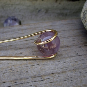 Natural Amethyst Hair Fork in Bronze - Your Choice of Length - Hair Pin - Semi Precious Stone - Long Hair Accessory - Metal Hair Fork