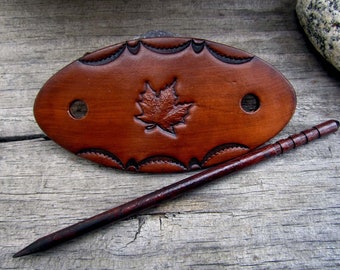 Maple Leaf Hand Tooled Leather Barrette with Wooden Stick - Leather Hair Clip Barrette