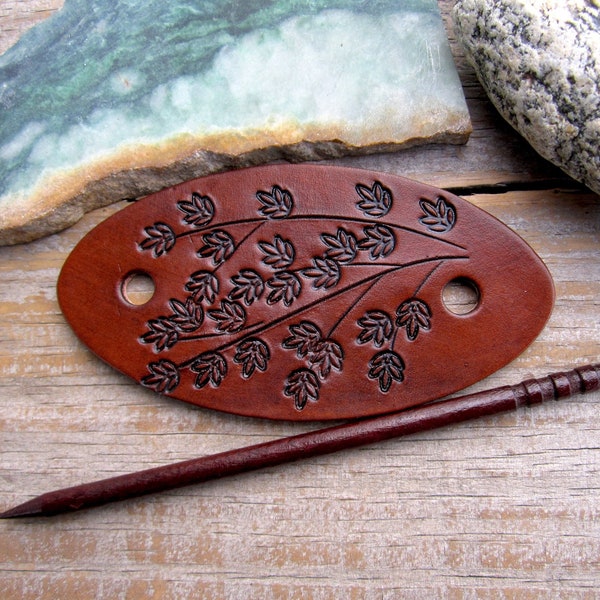 Tree Hand Tooled Leather Barrette with Wooden Stick - Leather Hair Barrette