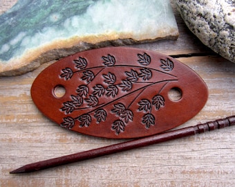 Tree Hand Tooled Leather Barrette with Wooden Stick - Leather Hair Barrette