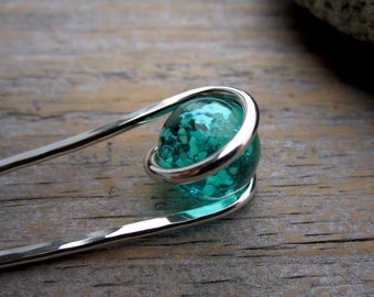 Mini Dk Green Glow in the Dark Nickel Silver Hair Fork with Glass Sphere -Fine Hair - Half up - Your choice of Length - Long Hair Accessory