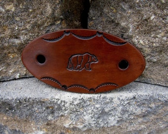 Bear Hand Tooled Leather Barrette with Wooden Stick - Leather Hair Clip Barrette