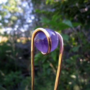 Natural Amethyst Hair Fork in Bronze - Your Choice of Length - Hair Pin - Semi Precious Stone - Long Hair Accessory - Metal Hair Fork