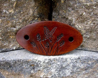 Butterfly Hand Tooled Leather Barrette with Wooden Stick - Leather Hair Barrette