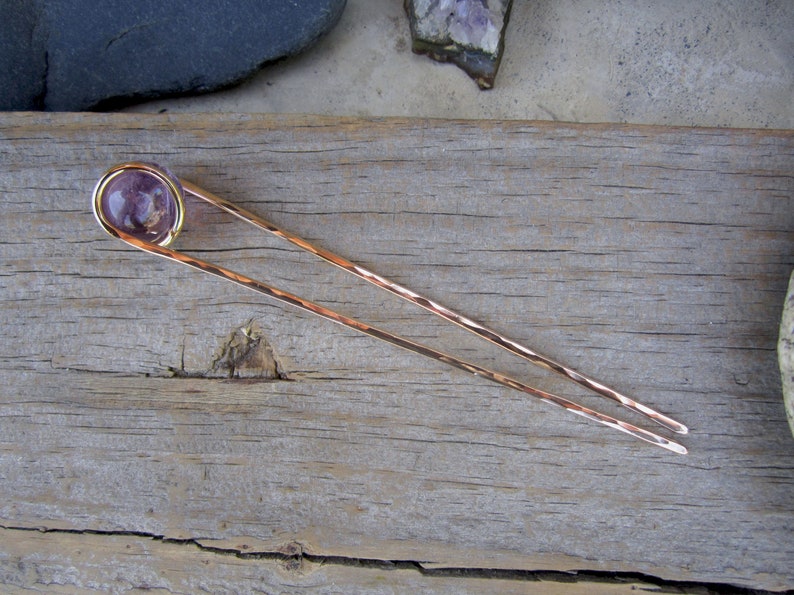 Natural Amethyst Hair Fork in Bronze - Your Choice of Length - Hair Pin - Semi Precious Stone - Long Hair Accessory - Metal Hair Fork image 5
