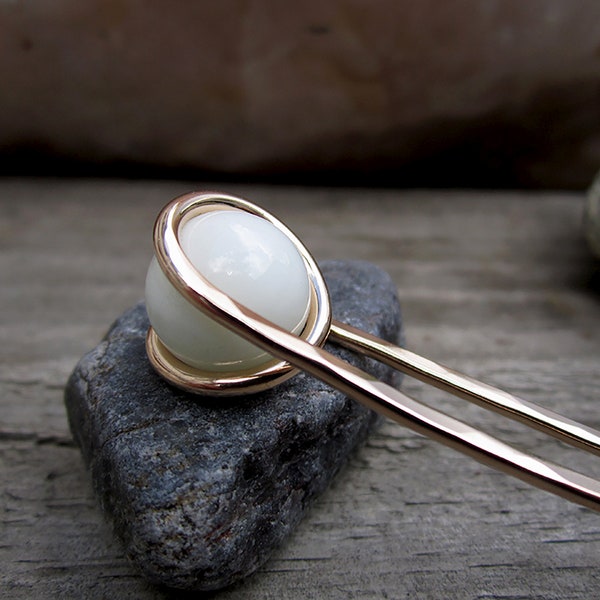 Mini White Hair Fork in Bronze with Glass Sphere - Fine Hair - Half up - Your choice of Length - Long Hair Accessory