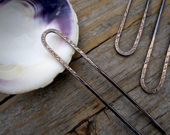 Antiqued Striations Bronze Bun Pin, Mini Hair Fork,  Textured Antiqued Hair Pin, U Pin, French Hair Pin, Long Hair Accessory