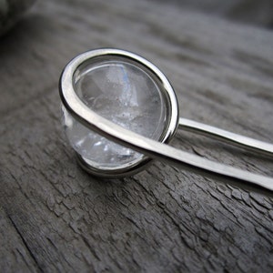 Natural Clear Quartz Hair Fork in Nickel Silver - Your Choice of Length - Hair Pin - Semi Precious Stone - Long Hair Accessory