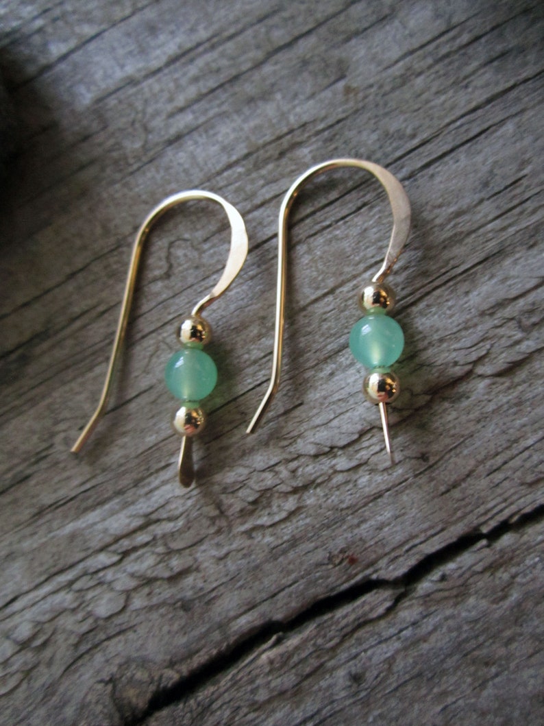 14K Gold Filled Tiny Drop Earrings with Natural Chrysoprase | Etsy