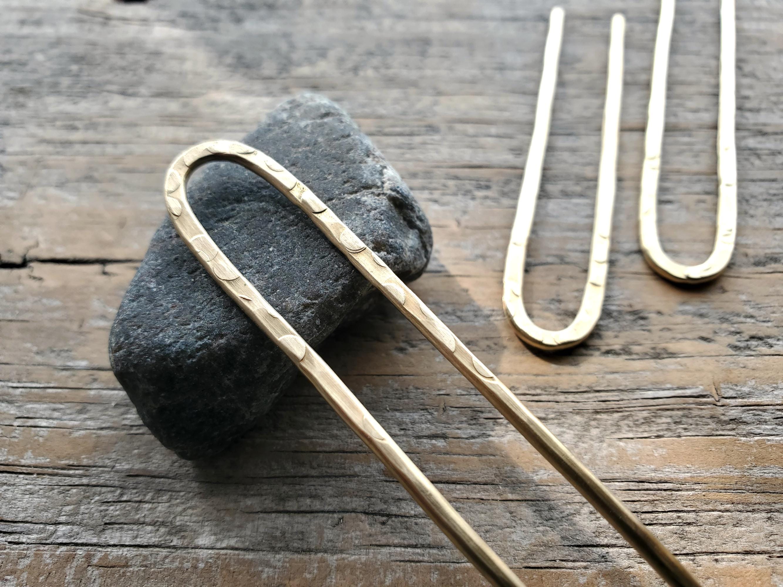 Ancient Stone Mini Hair Fork in Brass, Hand Made Bun Pin, Textured Satin Finish Gold Hair Pin, U Pin, French Hair Pin
