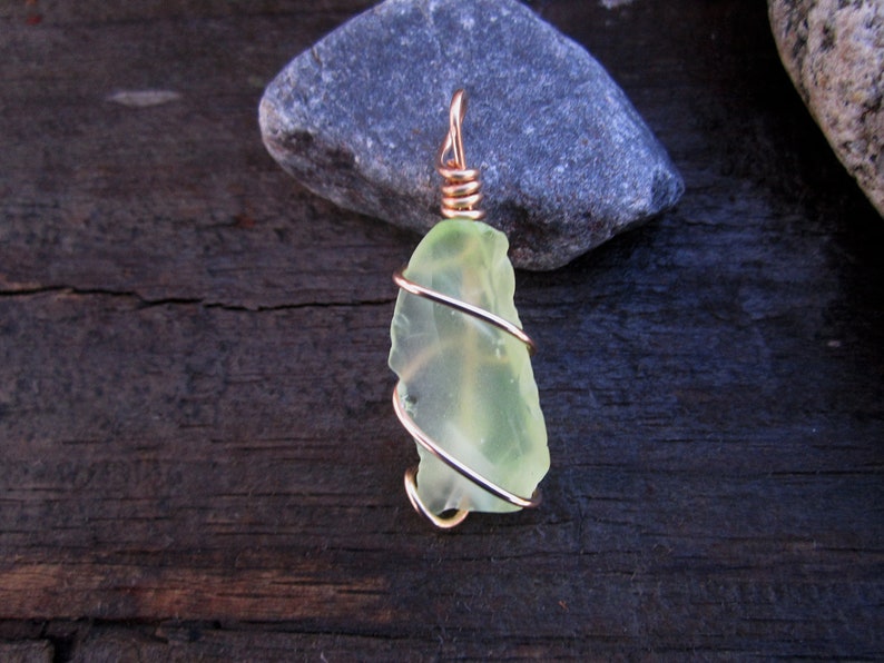 Bronze Wrapped Light Green Beach Glass Pendant 2