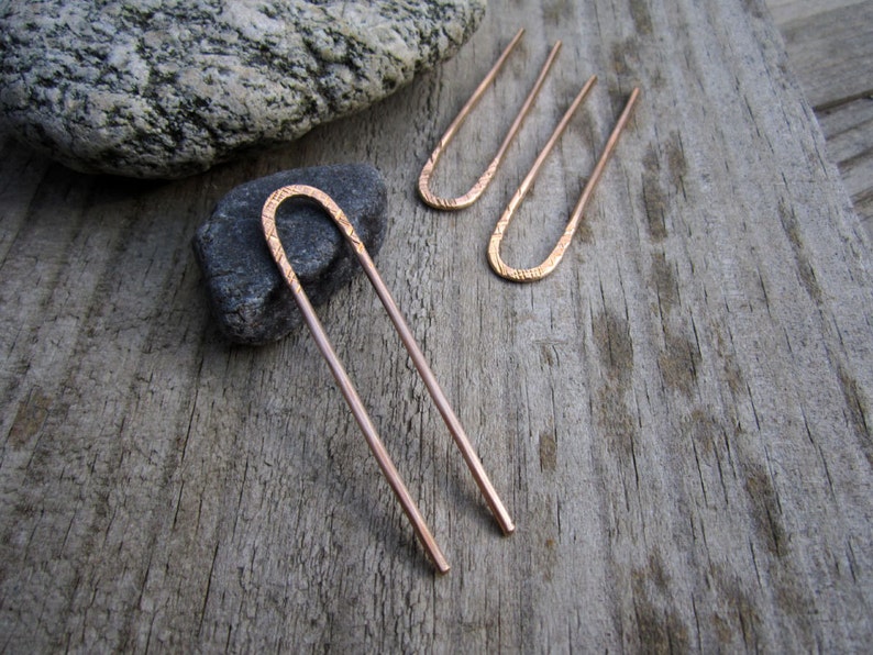 Striations Mini Bronze Hair Fork, Bun Pin, Textured Satin Finish Hair Pin, U Pin, French Hair Pin, Long Hair Accessory image 2