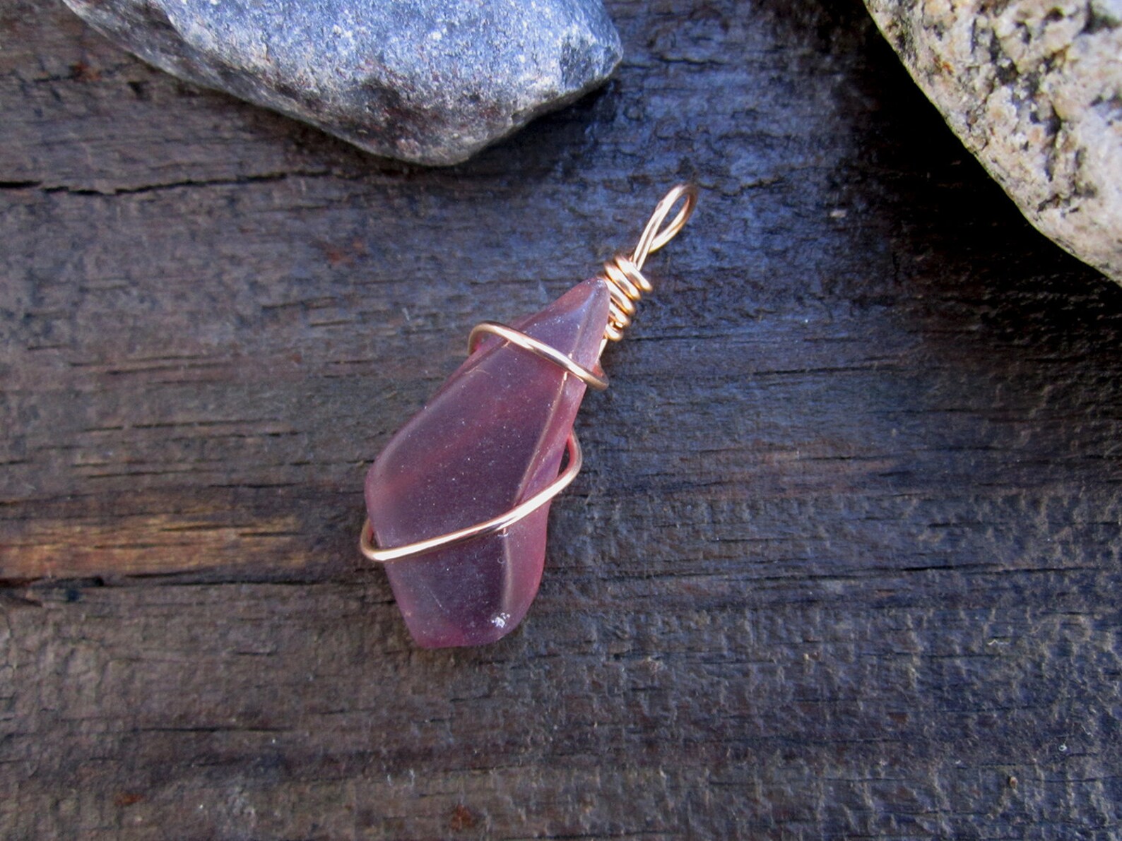 Bronze Wrapped Purple Beach Glass Pendant Etsy