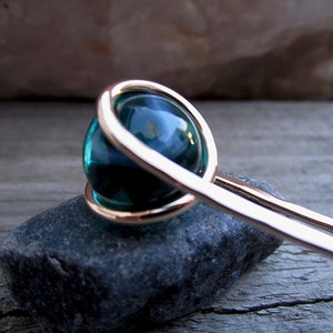 Milky Teal Hair Fork in Bronze with Glass Sphere Your choice of Length Hair Pin Haar Gabel Long Hair Accessory image 2