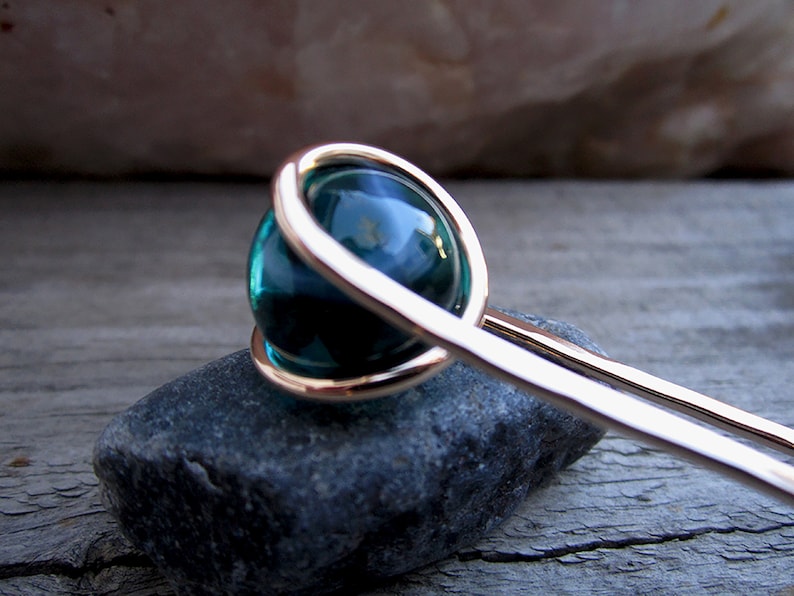 Milky Teal Hair Fork in Bronze with Glass Sphere Your choice of Length Hair Pin Haar Gabel Long Hair Accessory image 2